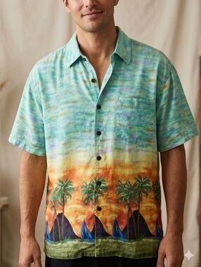 Vintage Cactus BLACK LABEL Wear Sunset Tropical Print Button-Up Shirt - Size L
